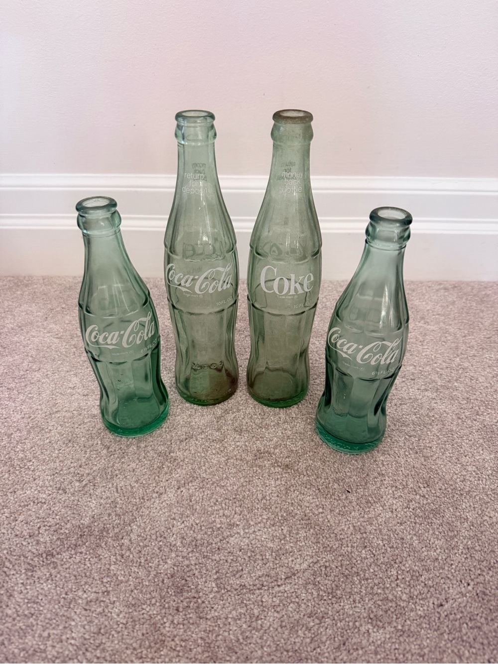 Coca-Cola Light Green Glass Bottle Collection - 4 Bottles vintage